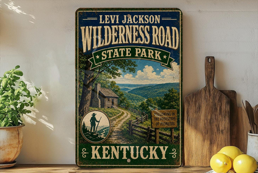 A vintage-style sign for the Levi Jackson Wilderness Road in State Park, Kentucky, featuring a scenic image of a forest and a cabin.