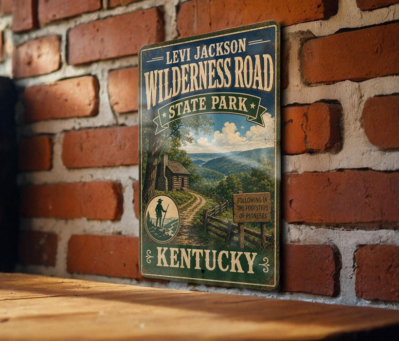 A vintage-style metal sign for the Levi Jackson Wilderness Road in State Park, Kentucky, featuring a scenic illustration of a forest and a cabin.