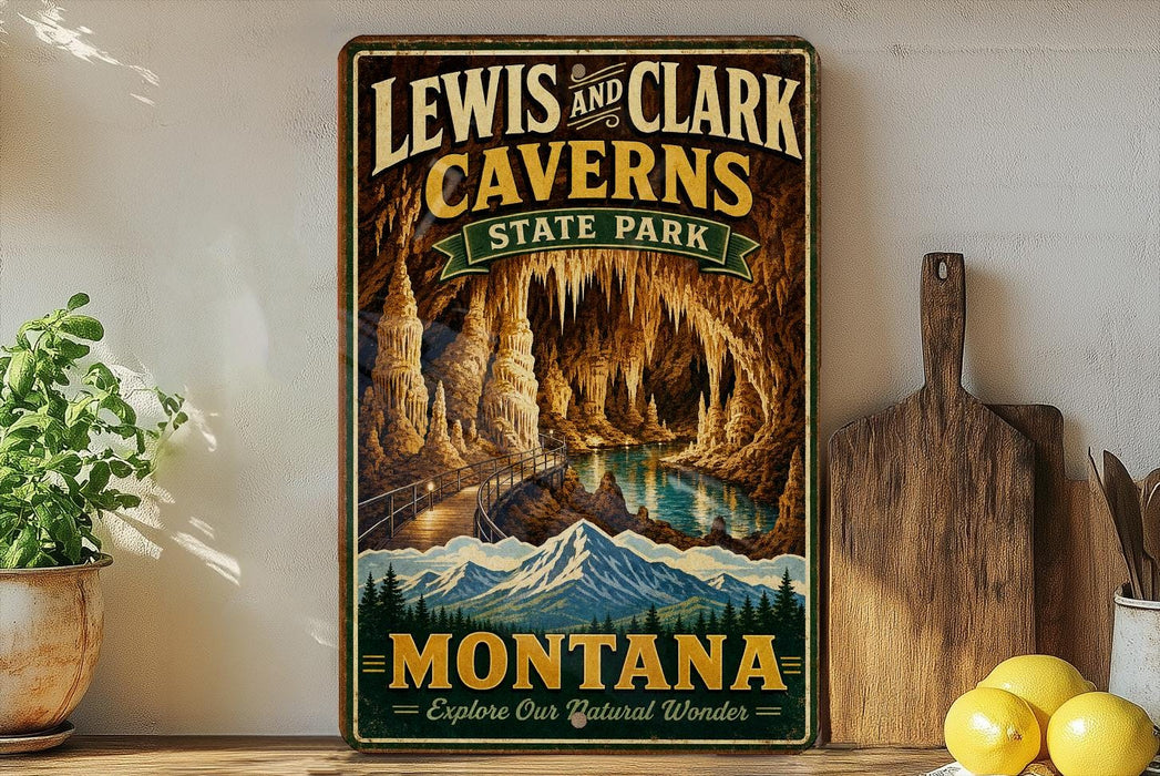 A vintage-style sign for Lewis and Clark Caves in Montana, featuring a scenic illustration of the cave system and mountains.
