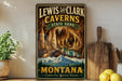 A vintage-style sign for Lewis and Clark Caves in Montana, featuring a scenic illustration of the cave system and mountains.