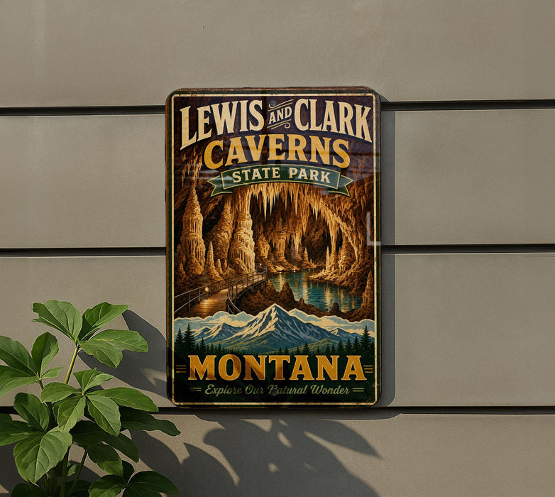 A vintage-style metal sign for Lewis and Clark Caves in Montana, featuring a scenic illustration of the cave system and mountains.