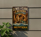 A vintage-style metal sign for Lewis and Clark Caves in Montana, featuring a scenic illustration of the cave system and mountains.