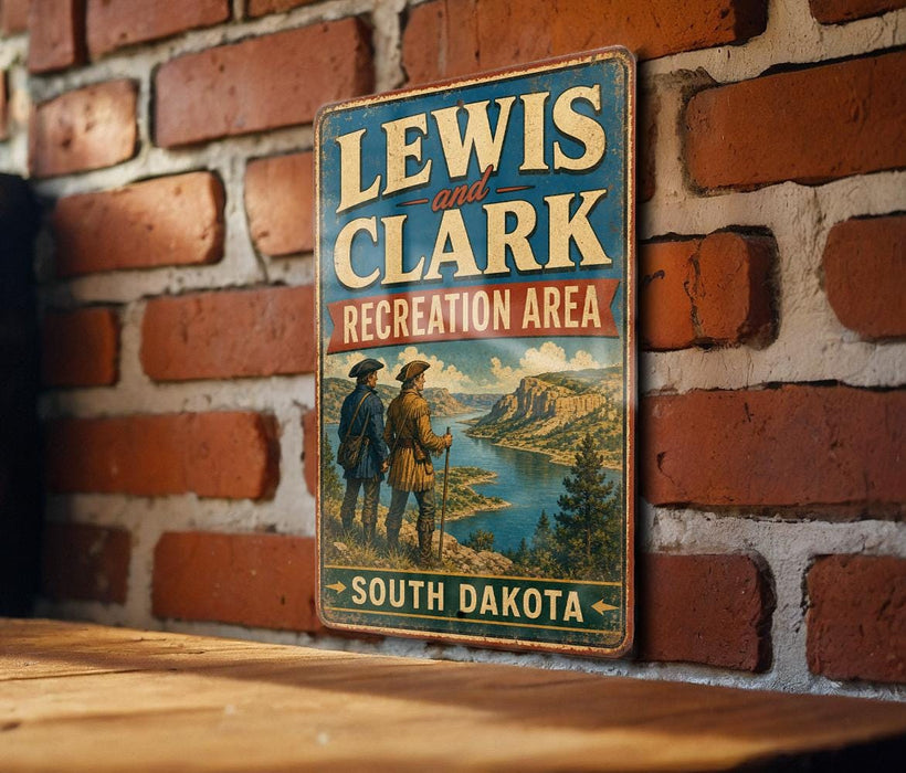 A vintage metal sign for the Lewis and Clark Recreation Area in South Dakota, featuring a scenic illustration of the area.
