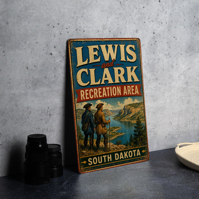 A vintage metal sign for the Lewis and Clark Recreation Area in South Dakota, featuring a scenic landscape with two figures in the foreground.