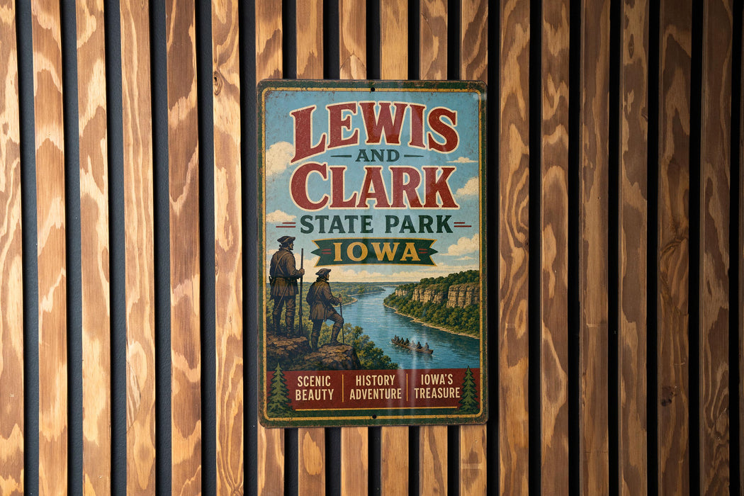 A vintage metal sign for Lewis and Clark State Park in Iowa, featuring a scenic illustration of the park and its surroundings.