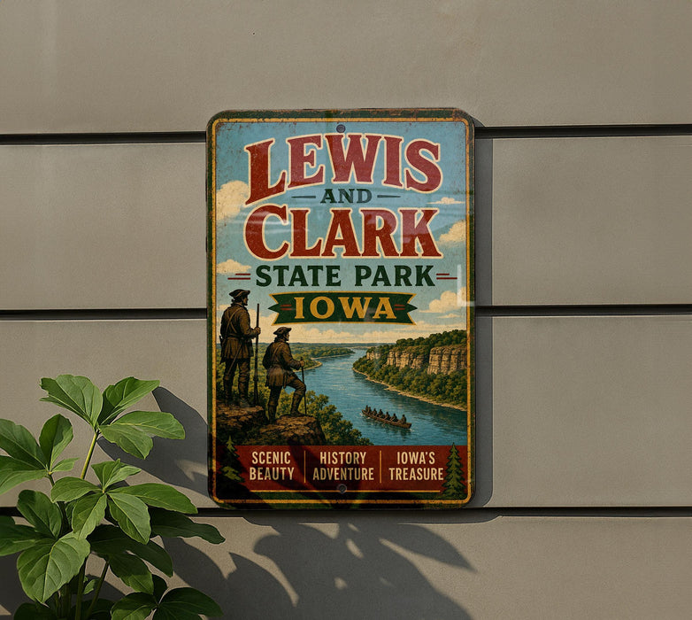 A vintage-style sign for Lewis and Clark State Park in Iowa, featuring a scenic landscape with a river, mountains, and two figures in period clothing.