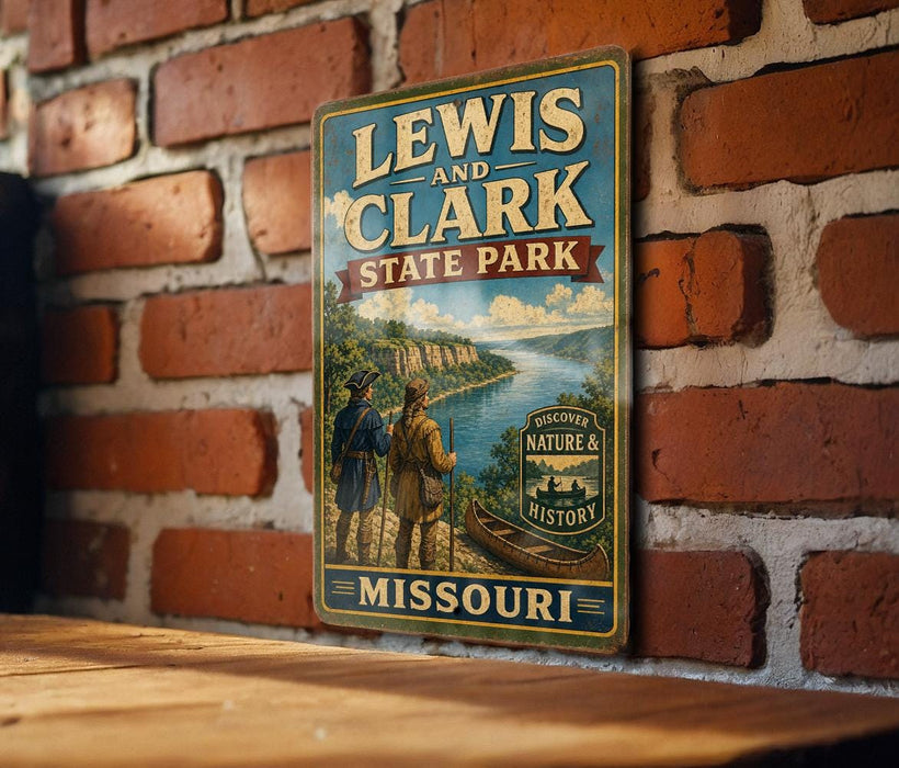 A vintage-style metal sign for Lewis and Clark State Park in Missouri, featuring a scenic illustration of the park and two figures exploring the landscape.