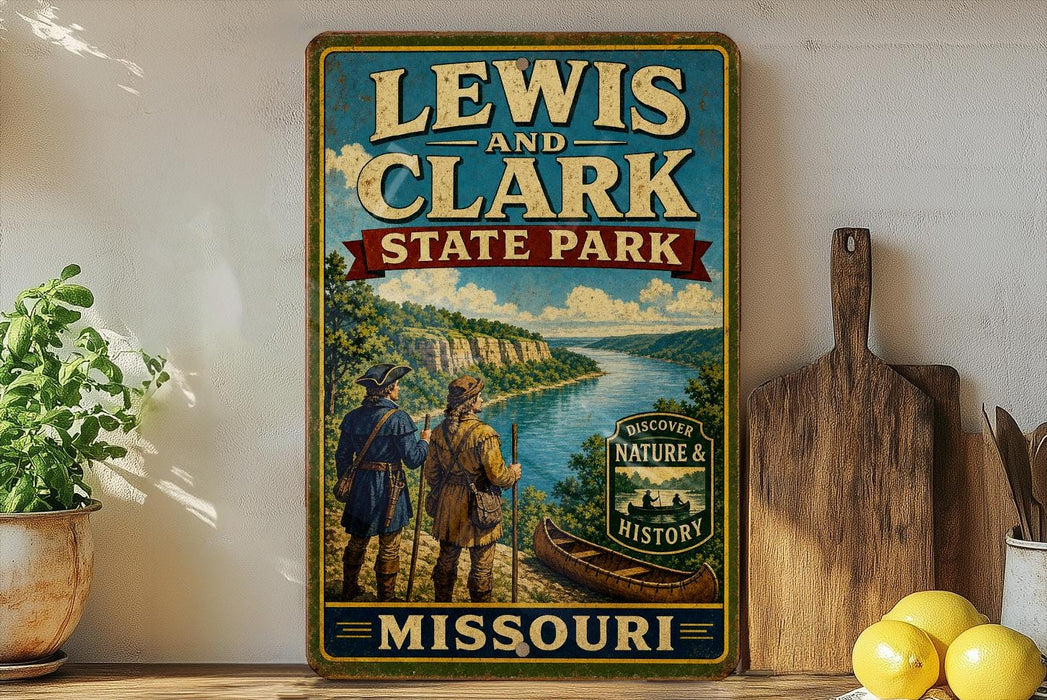 A vintage-style sign for Lewis and Clark State Park in Missouri, featuring a scenic illustration of the park's landscape and two figures in historical attire.