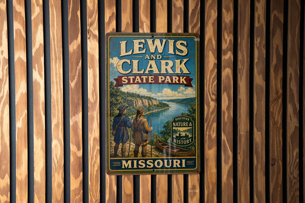 A vintage metal sign for Lewis and Clark State Park in Missouri, featuring a scenic illustration of the Missouri River and two figures in historical attire.