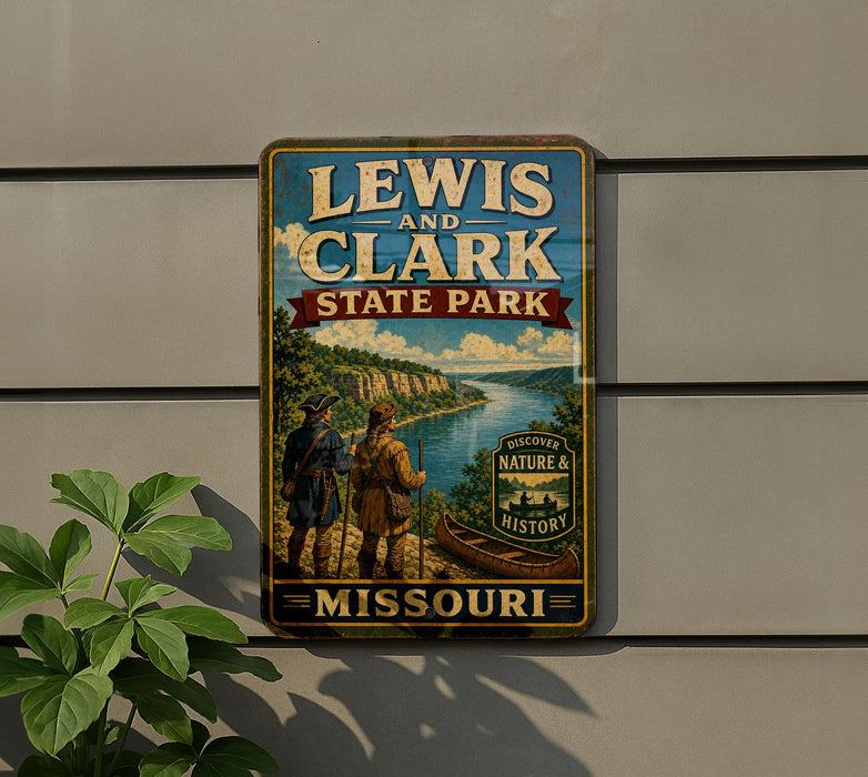 A vintage-style metal sign for Lewis and Clark State Park in Missouri, featuring a scenic illustration of the park's natural and historical attractions.