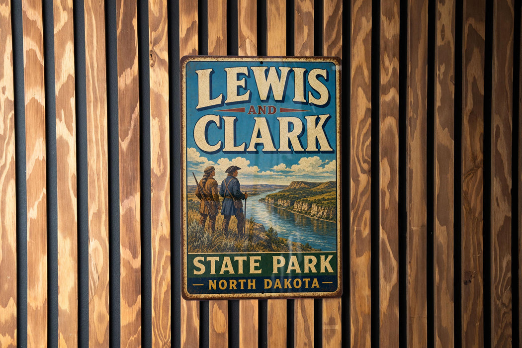 A vintage metal sign for Lewis and Clark State Park in North Dakota, featuring a scenic illustration of two men exploring the landscape.
