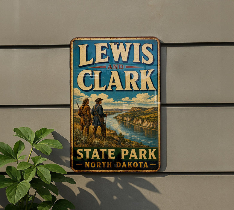 A vintage-style metal sign for Lewis and Clark State Park in North Dakota, featuring a scenic landscape with two figures standing on a cliff overlooking a river.