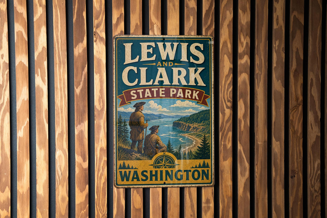 A vintage-style metal sign for Lewis and Clark State Park in Washington, featuring a scenic illustration of the park's landscape.