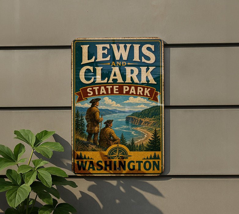 A vintage metal sign for Lewis and Clark State Park in Washington, featuring a scenic landscape with two figures and a compass.