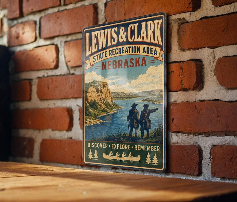 A vintage-style metal sign for the Lewis & Clark State Recreation Area in Nebraska, featuring a scenic illustration of a river and mountains.