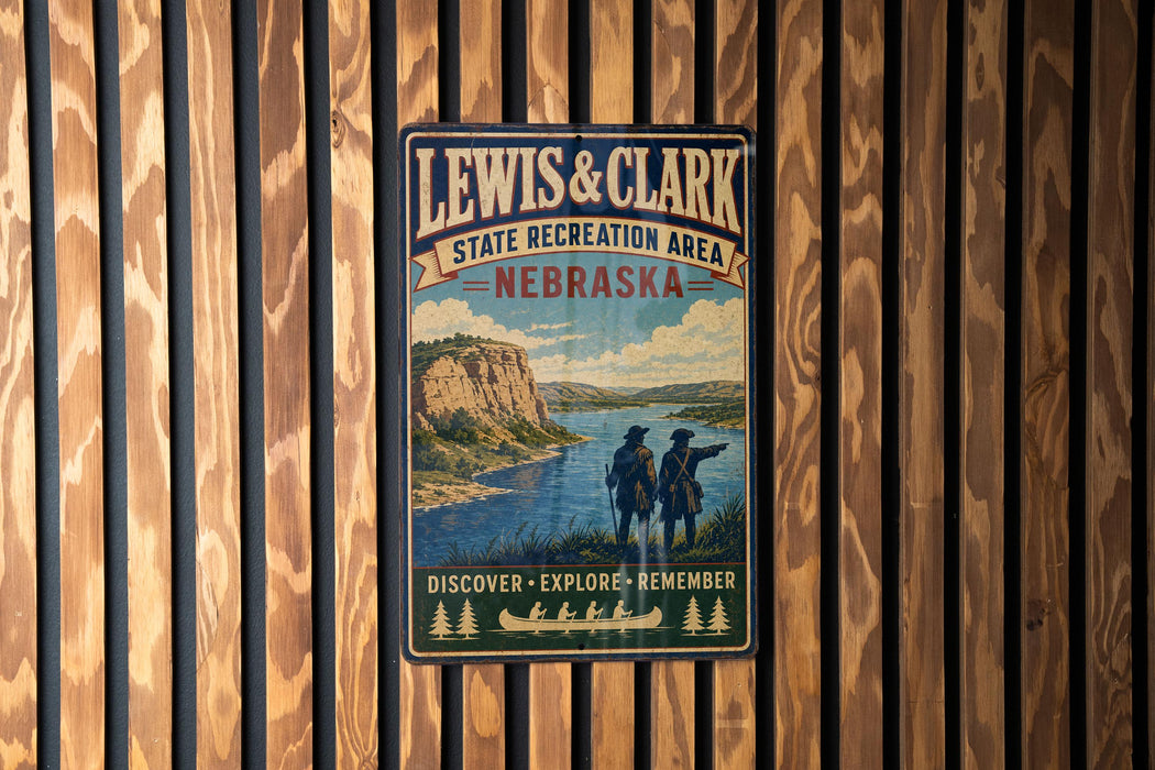 A vintage-style metal sign for Lewis & Clark State Recreation Area in Nebraska, featuring a scenic illustration of a river and mountains.