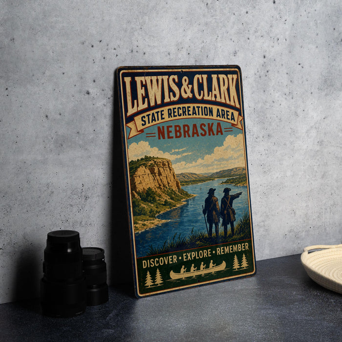 A vintage-style metal sign for the Lewis & Clark State Recreation Area in Nebraska, featuring a scenic landscape with two figures exploring the area.