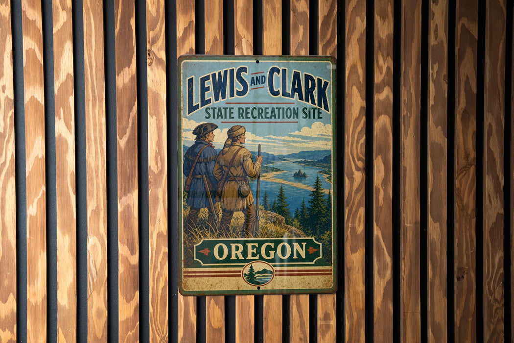 A vintage-style metal sign for the Lewis and Clark State Recreation Site in Oregon, featuring two hikers on a trail overlooking a scenic landscape.