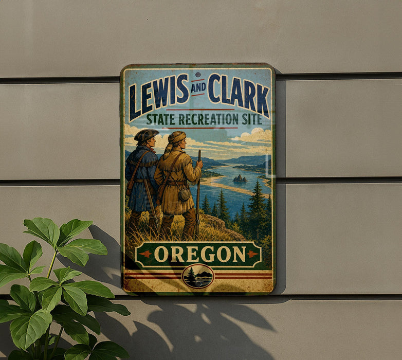 A vintage metal sign for the Lewis and Clark State Recreation Site in Oregon, featuring two hikers on a trail overlooking a scenic landscape.