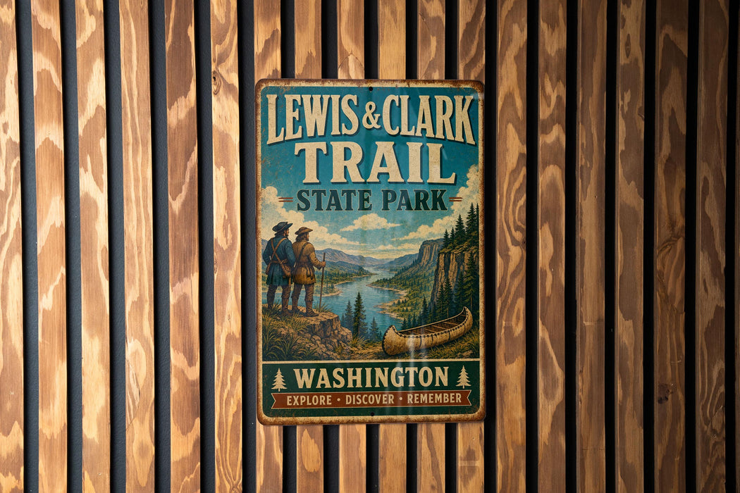A vintage metal sign for Lewis & Clark Trail State Park, featuring a scenic illustration of a mountain landscape with a canoe, is displayed on a wooden wall.