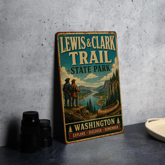 A vintage-style metal sign for Lewis & Clark Trail State Park, featuring an illustration of two men standing on a cliff overlooking a river with a canoe, surrounded by mountains and pine trees.