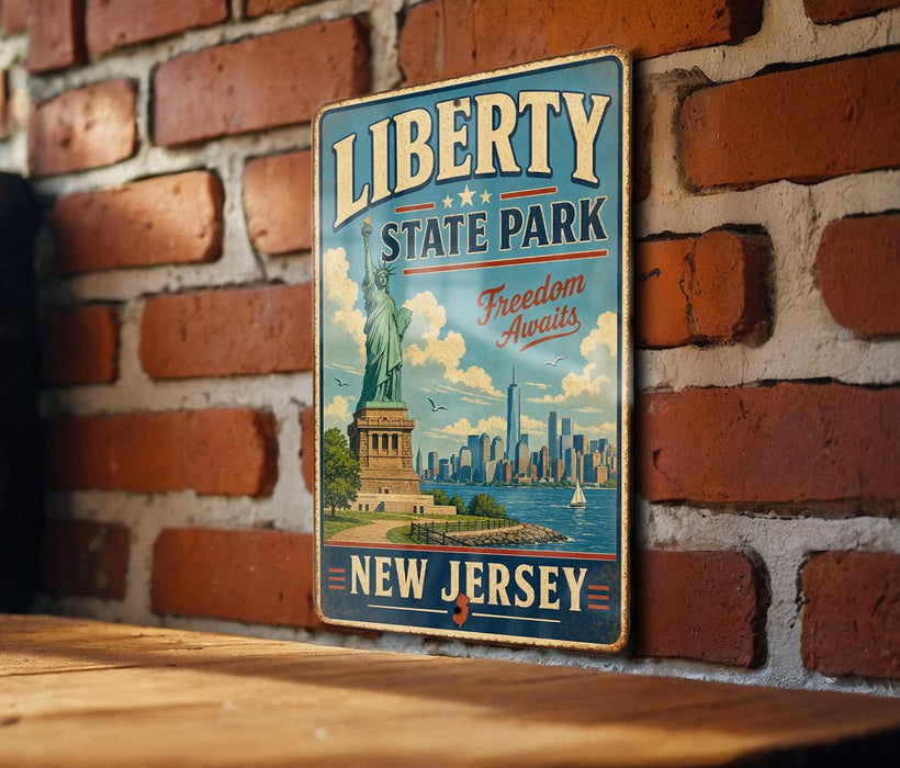 A vintage-style metal sign with the text "LIBERTY STATE PARK" and "FREEDOM AWAITS" hangs on a brick wall.