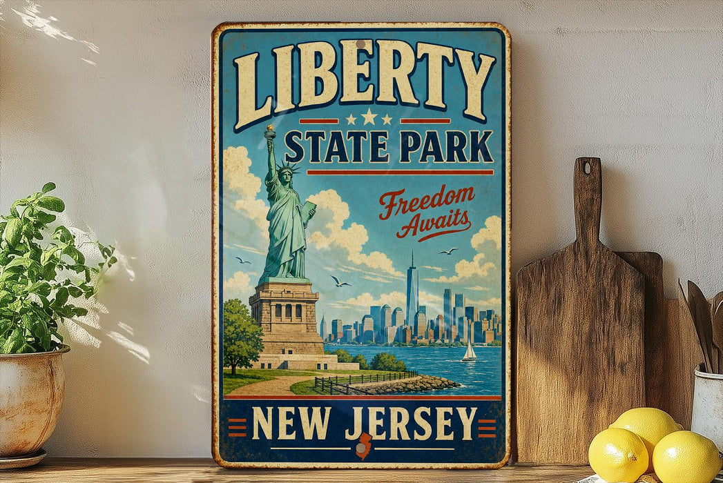 A vintage-style sign advertising Liberty State Park in New Jersey, featuring the Statue of Liberty and the New Jersey skyline.
