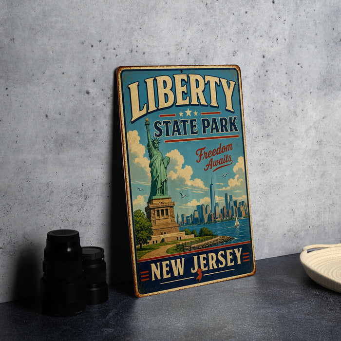 A vintage-style metal sign for Liberty State Park in New Jersey, featuring the Statue of Liberty and the city skyline.