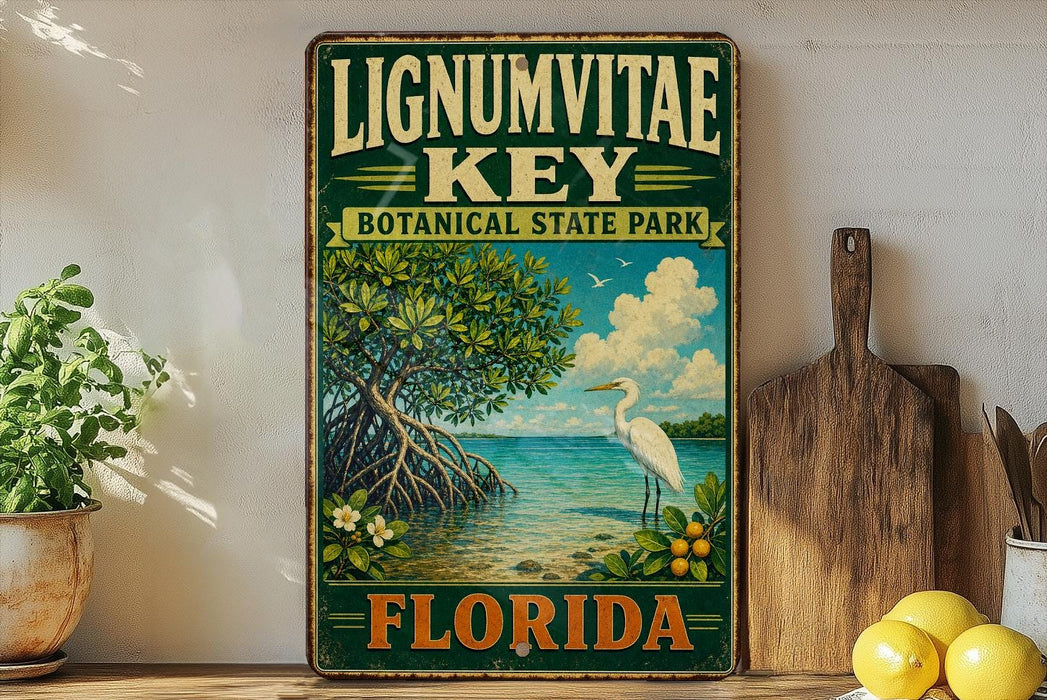 A vintage-style sign for Lignum Vitae Key, a botanical state park in Florida, featuring a seagull and a tropical landscape with a tree and water.