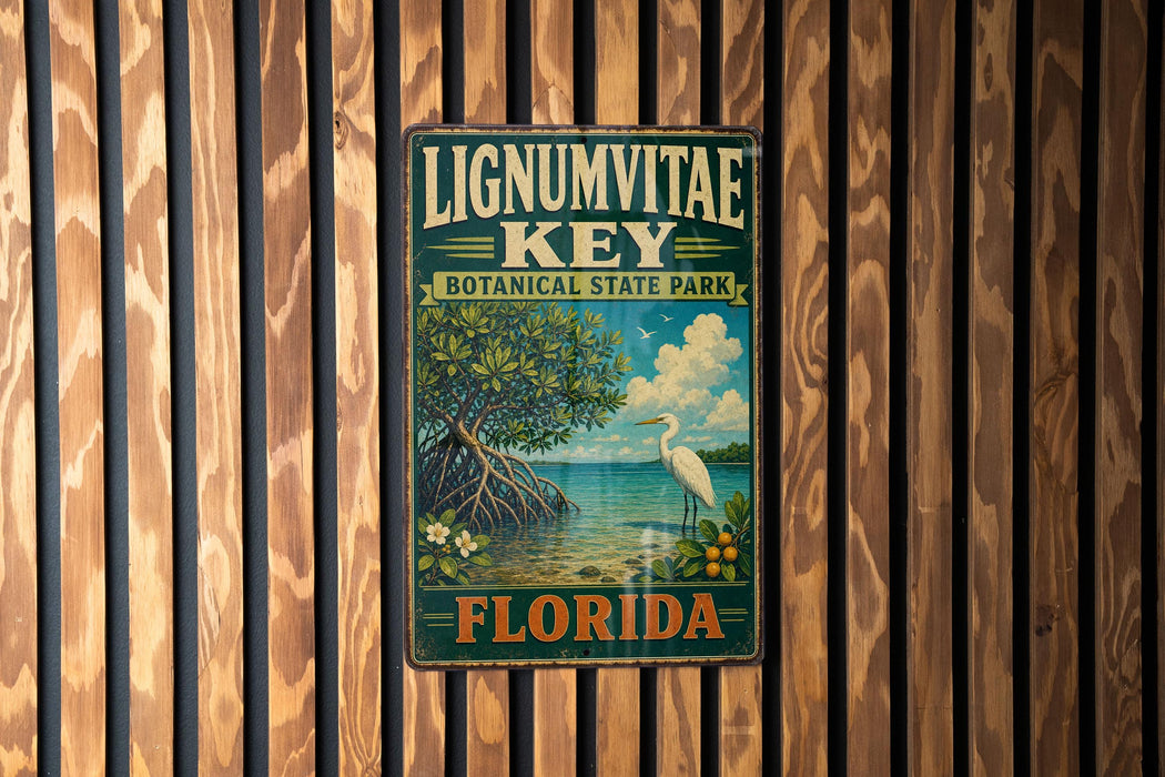 A vintage-style metal sign for Lignum vitae Key, a botanical state park in Florida, featuring a seagull and a tropical landscape.