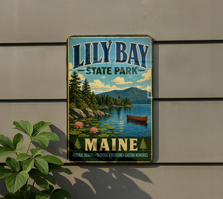 A vintage-style metal sign for "Lily Bay State Park" in Maine, featuring a scenic landscape with a lake, mountains, and a canoe.