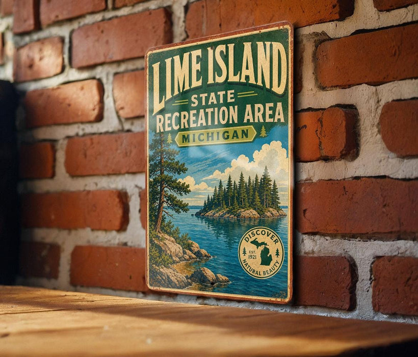 A vintage-style metal sign for Lime Island, Michigan, featuring a scenic landscape with a lake, mountains, and pine trees.
