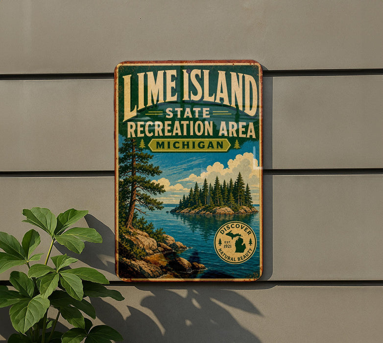 A vintage-style metal sign for the Lime Island State Recreation Area in Michigan, featuring a scenic landscape with pine trees, a lake, and mountains.