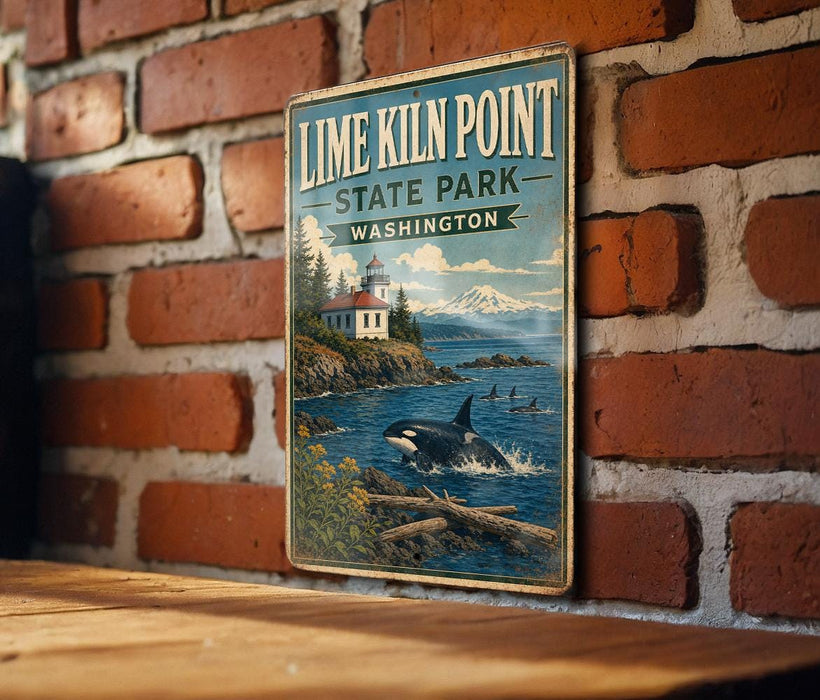 A vintage-style metal sign for Lime Kiln Point State Park in Washington, featuring a lighthouse and a whale in the ocean.
