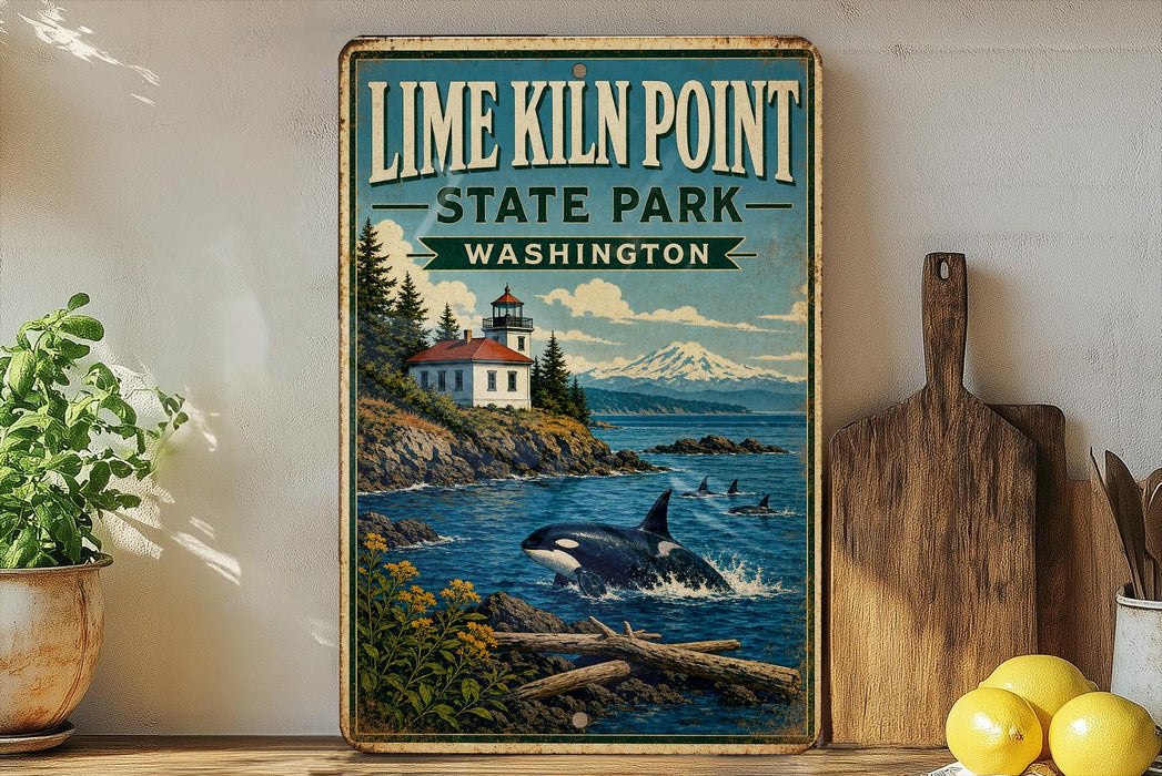 A vintage-style poster of LIME KILN POINT, STATE PARK, WASHINGTON, featuring a lighthouse, a whale, and a coastal landscape.