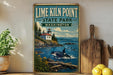 A vintage-style poster of LIME KILN POINT, STATE PARK, WASHINGTON, featuring a lighthouse, a whale, and a coastal landscape.
