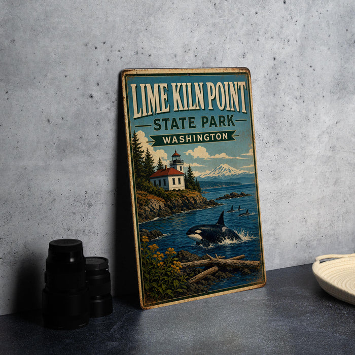 A vintage-style sign for Lime Kiln Point State Park in Washington, featuring a lighthouse, a whale, and a coastal landscape.