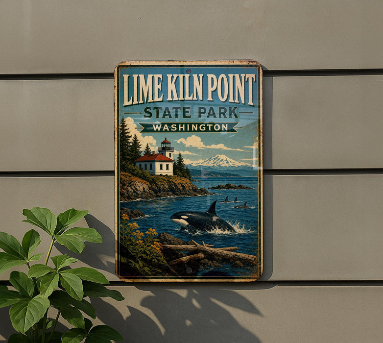 A vintage-style sign for Lime Kiln Point State Park in Washington, featuring a lighthouse, a whale, and a mountain backdrop.