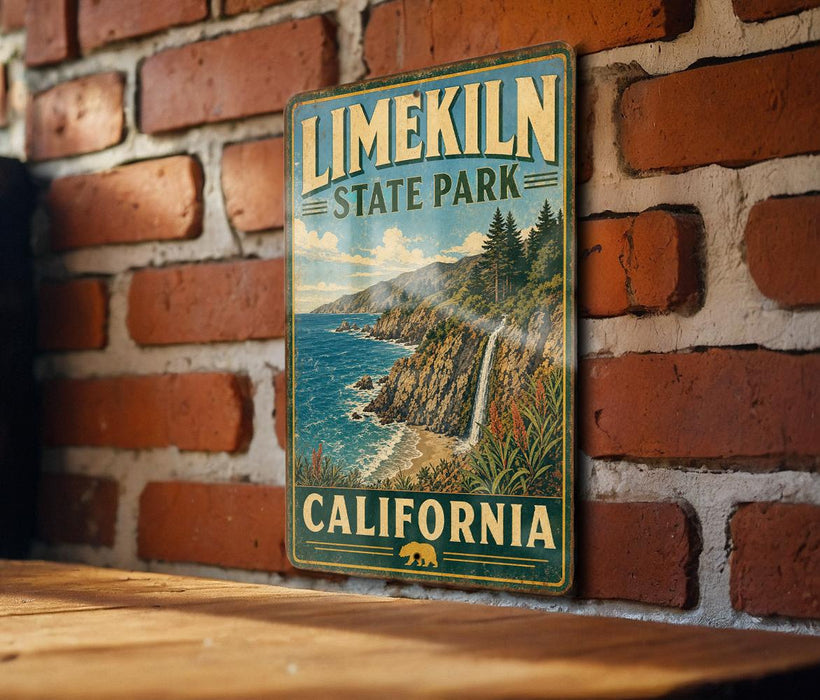 A vintage-style metal sign for Limerick State Park in California, featuring a scenic coastal landscape with a waterfall and mountains.