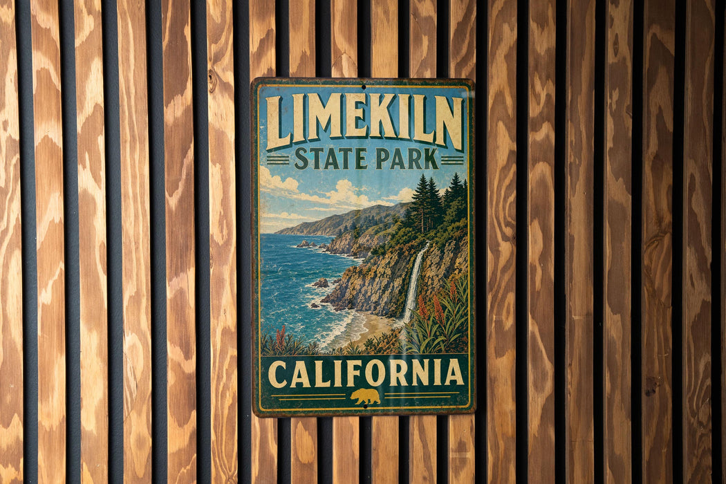A vintage metal sign for Limerick State Park in California, featuring a scenic coastal landscape with a waterfall and mountains.