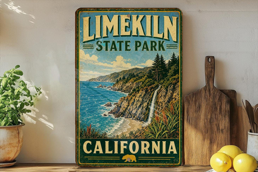 A vintage-style sign for Limerick State Park in California, featuring a scenic coastal landscape with a waterfall and mountains.