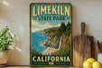 A vintage-style sign for Limerick State Park in California, featuring a scenic coastal landscape with a waterfall and mountains.