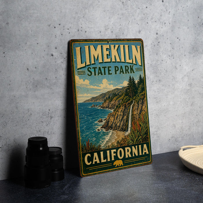 A vintage-style sign for Limerick State Park in California, featuring a scenic coastal landscape with a waterfall and mountains.