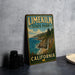 A vintage-style sign for Limerick State Park in California, featuring a scenic coastal landscape with a waterfall and mountains.