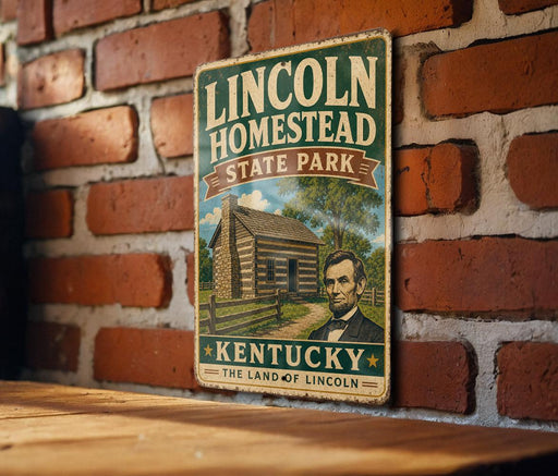 A vintage-style sign for Lincoln Homestead State Park in Kentucky, featuring an illustration of a log cabin and a portrait of Abraham Lincoln.