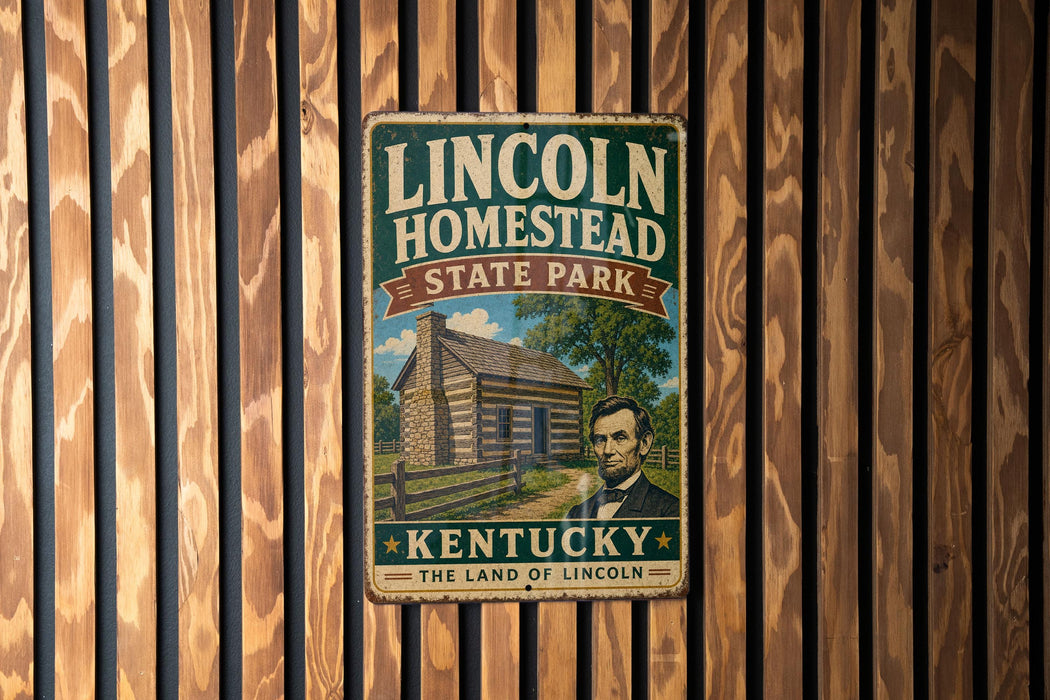 A vintage metal sign for Lincoln Homestead State Park in Kentucky, featuring an illustration of a log cabin and a portrait of Abraham Lincoln.