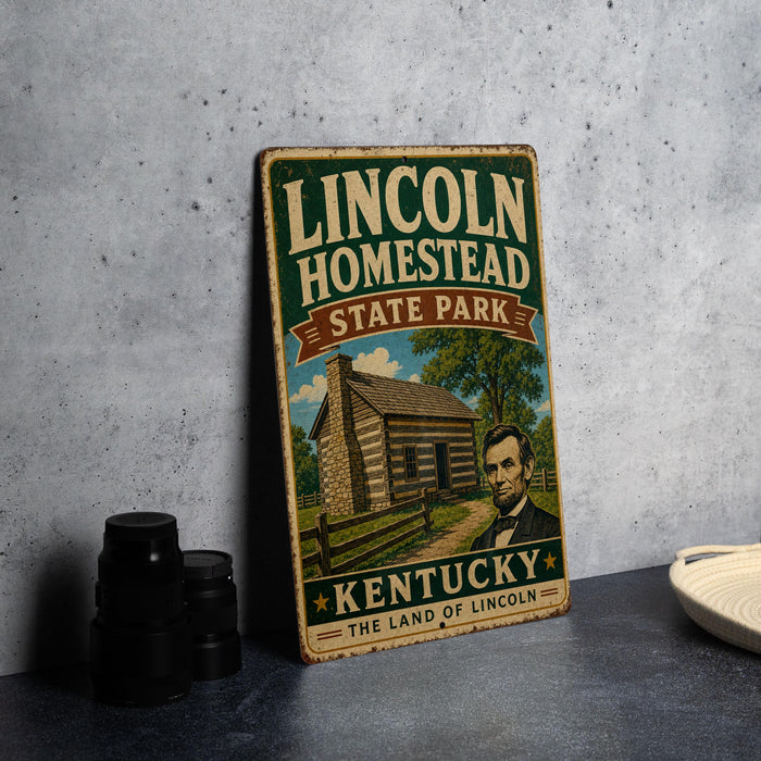 A vintage-style metal sign for the Lincoln Homestead State Park in Kentucky, featuring an illustration of a log cabin and the text "Lincoln Homestead State Park" and "Kentucky The Land of Lincoln".