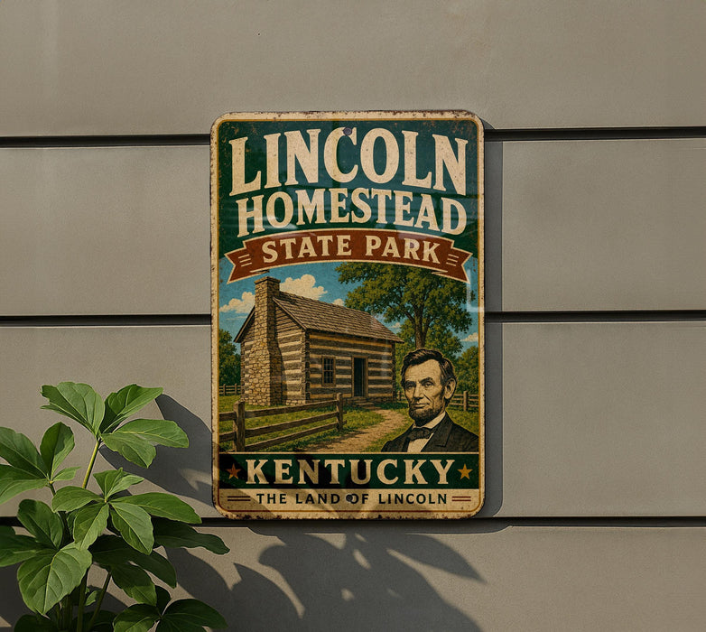 A vintage-style sign for Lincoln Homestead State Park in Kentucky, featuring an illustration of a log cabin and a portrait of Abraham Lincoln.