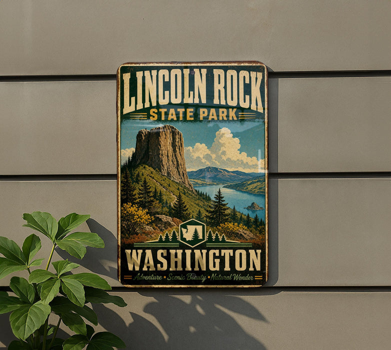 A vintage-style metal sign for Lincoln Rock State Park in Washington, featuring a scenic landscape with a mountain, lake, and forest.