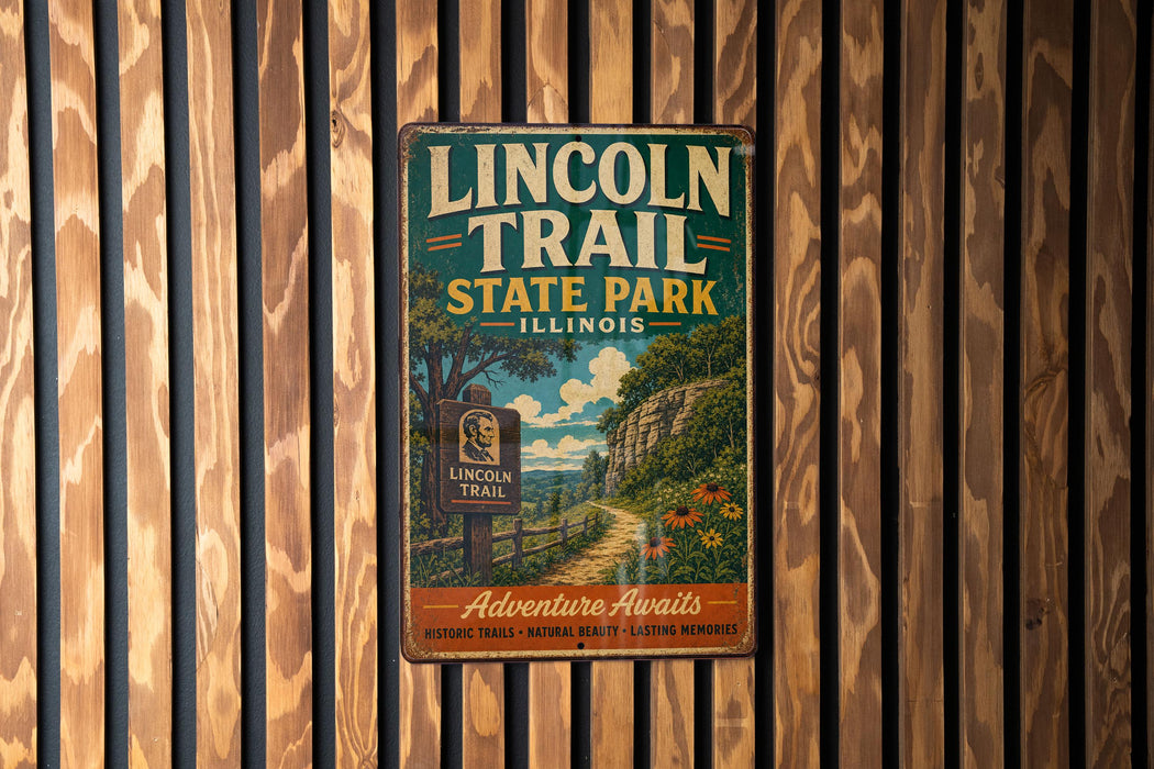 A vintage metal sign for the Lincoln Trail State Park in Illinois, featuring a scenic illustration of a trail surrounded by nature.